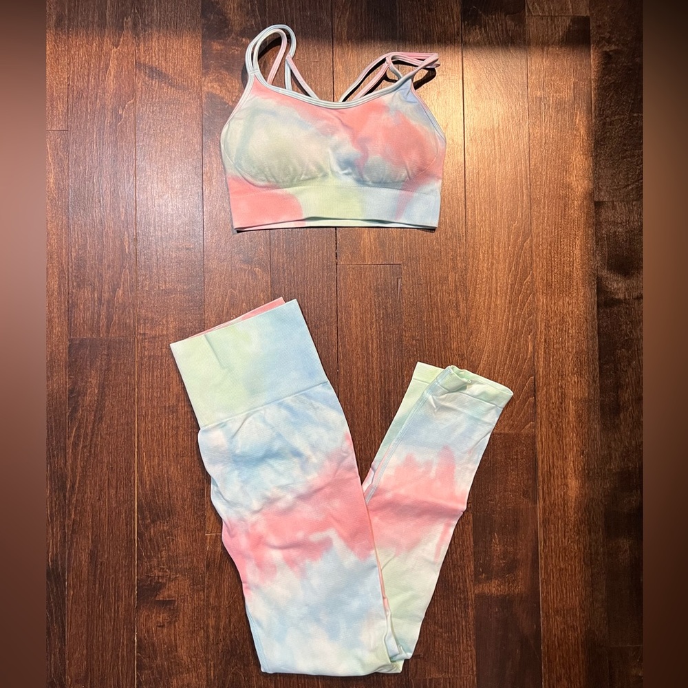 Pastel Tie-Dye Leggings & Strappy Sports Bra Set - Pastel Multi